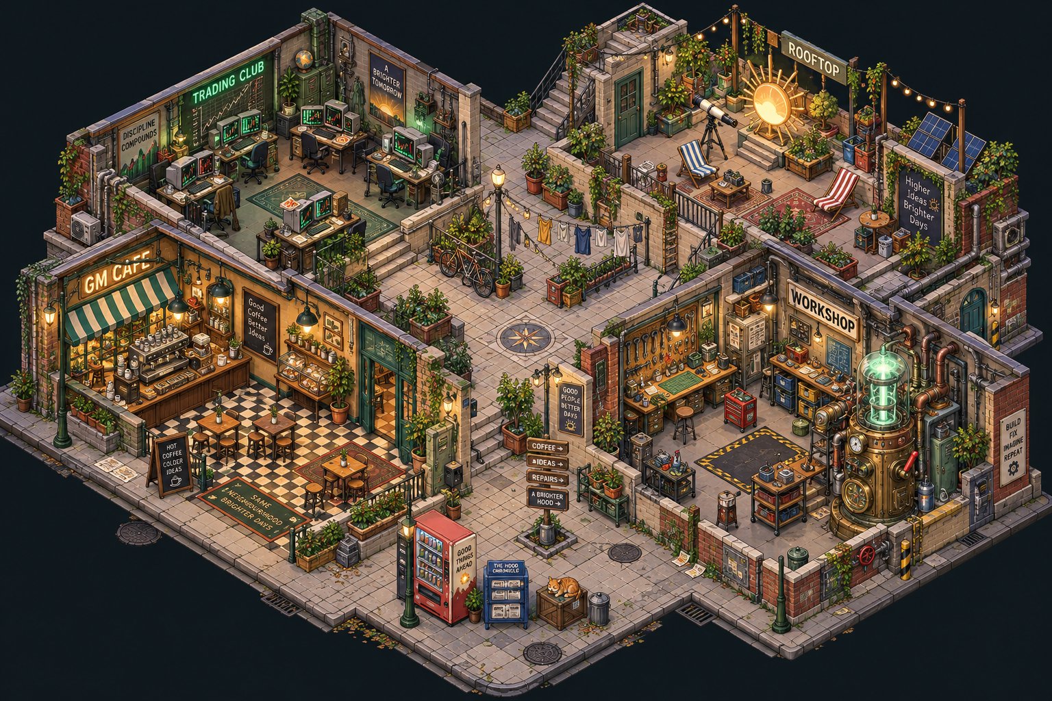 An isometric neighbourhood with a trading clubhouse, rooftop terrace, cosy GM café and a cluttered creator workshop.
